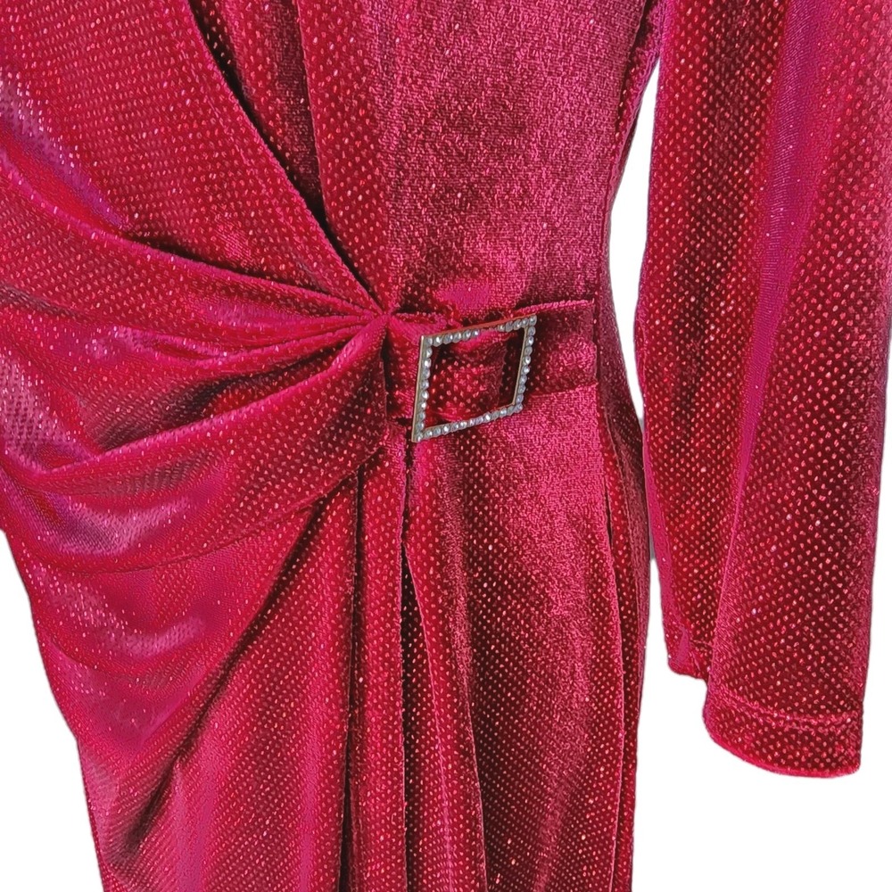 ANNE KLEIN Red Dress Womens 12 Sparkle Faux Wrap Rhinestone Buckle Cocktail Xmas - Picture 6 of 15